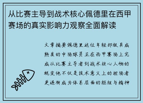从比赛主导到战术核心佩德里在西甲赛场的真实影响力观察全面解读